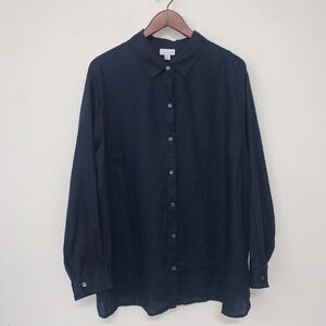 J Jill Love Linen Womens 2XL Navy Blue Long Sleeve Button Top Career Relaxed